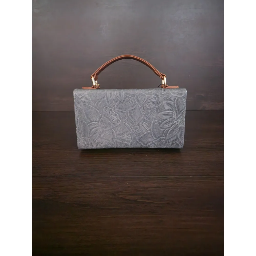 Light Blue Gray Sunflower Embossed Tooled Artisan LEATHER Crossbody Bag Purse - Picture 6 of 15